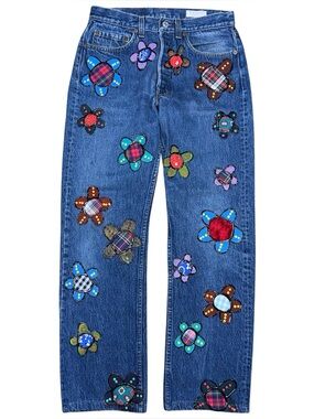 RARE Vintage Leslie Hamel Levis 501 Jeans Handpainted Appliqued Floral Patchwork